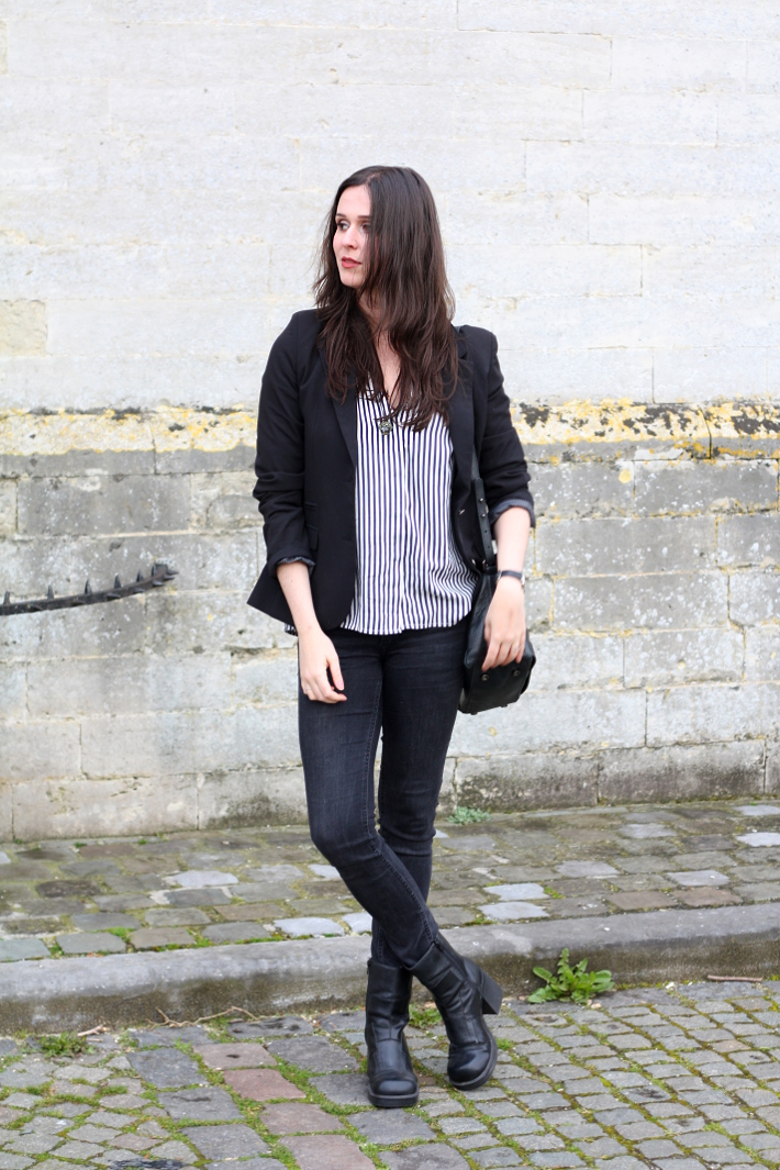 Outfit: Striped blouse, platform boots