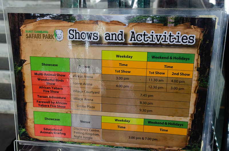 Shows and Activities timeslots at Bukit Gambang Safari Park