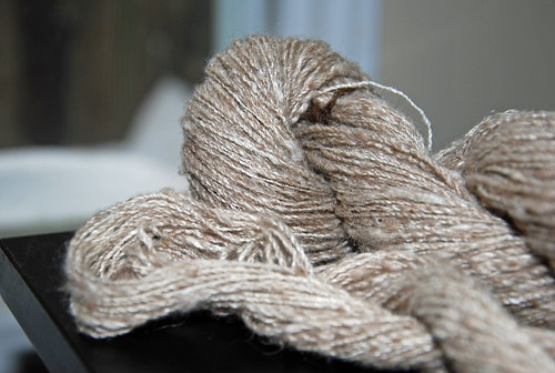 Irieknit handspun silk buffalo cashmere blend yarn on antique William McDonald flax spinning wheel
