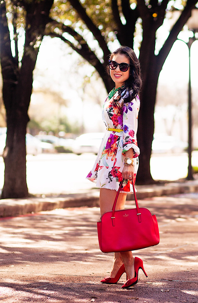 cute & little blog | petite fashion | choies floral romper, green statement necklace, yellow bow belt, red bow pumps, kate spade red bag | spring outfit