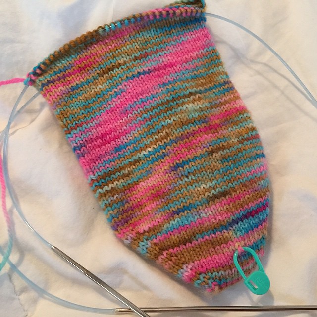 I'm loving the funky colors in the sock! It's so much fun. I have had this yarn in my stash for several years, I bought when Sweet Georgia just started out on Etsy. #sockknitting #knitting #sweetgeorgiayarns