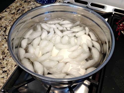 hardboiled eggs in an ice water bath