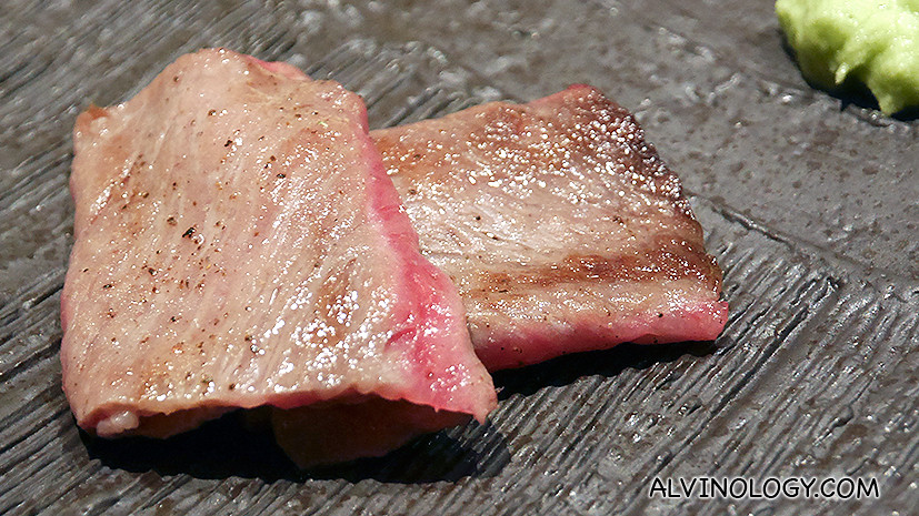 Close-up of the wagyu beef slice 