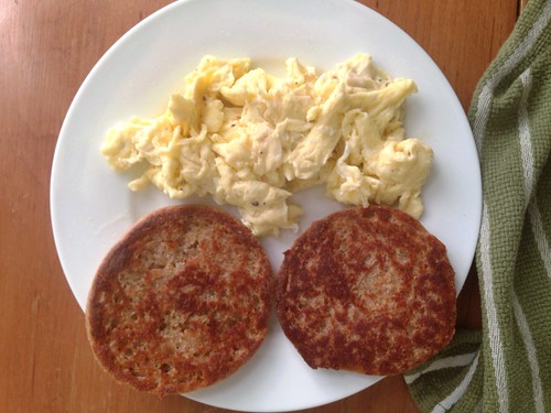griddled English muffin with scrambled eggs