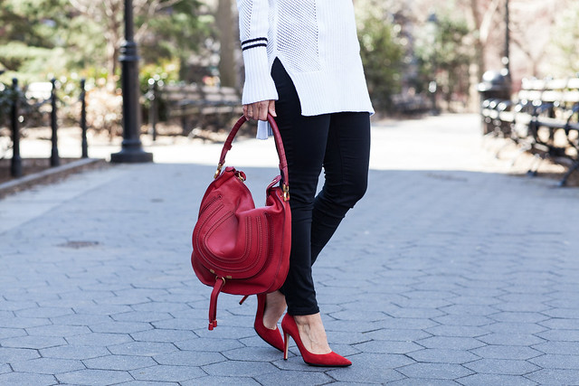 varsity sweater banana republic black skinny jeans white sweater red accents red chloe marcie bag red dvf bethany heels suede red heels nyc fashion blogger corporate catwalk spring look 