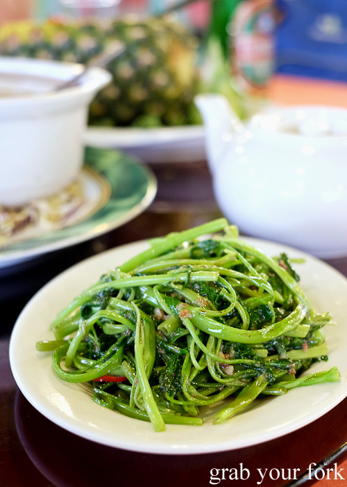 Stir fried water spinach with belacan at Rainbow Seafood Restaurant, Lamma Island, Hong Kong