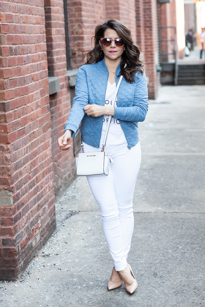 white outfits spring looks nyc fashion blogger casual outfit with white jeans denim michael kors zara banana republic tee hudson jeans gap bomber jacket any taylor loft sunglasses professional blogger casual outfit 