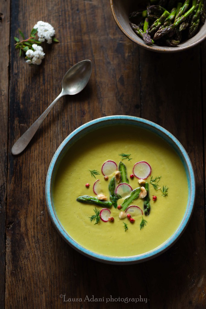 asparagus soup with radishes and hazelnuts