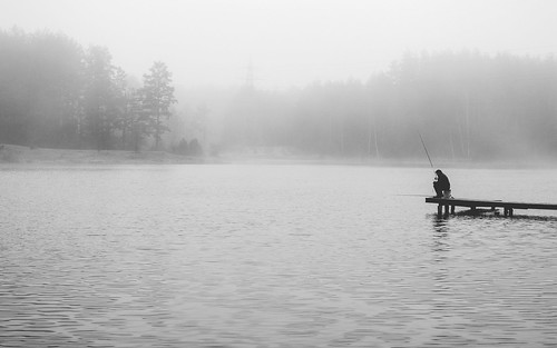 morning white lake man black cold water fog fishing foggy fisher