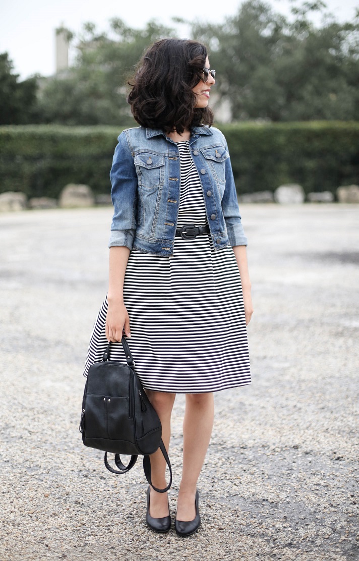 target striped dress, denim jacket, austin style blogger