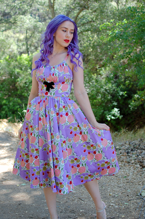 Pinup Girl Clothing Ella dress in Mary Blair Lips and Roses print in Lavender