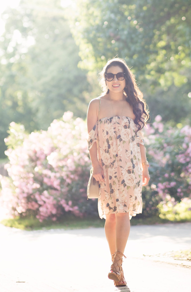 cute & little blog | petite fashion | tobi blush floral off-shoulder dress, nude lace-up gladiator sandal heels, gold pendant necklace, chloe drew motty grey, kate spade pansy earrings | spring outfit