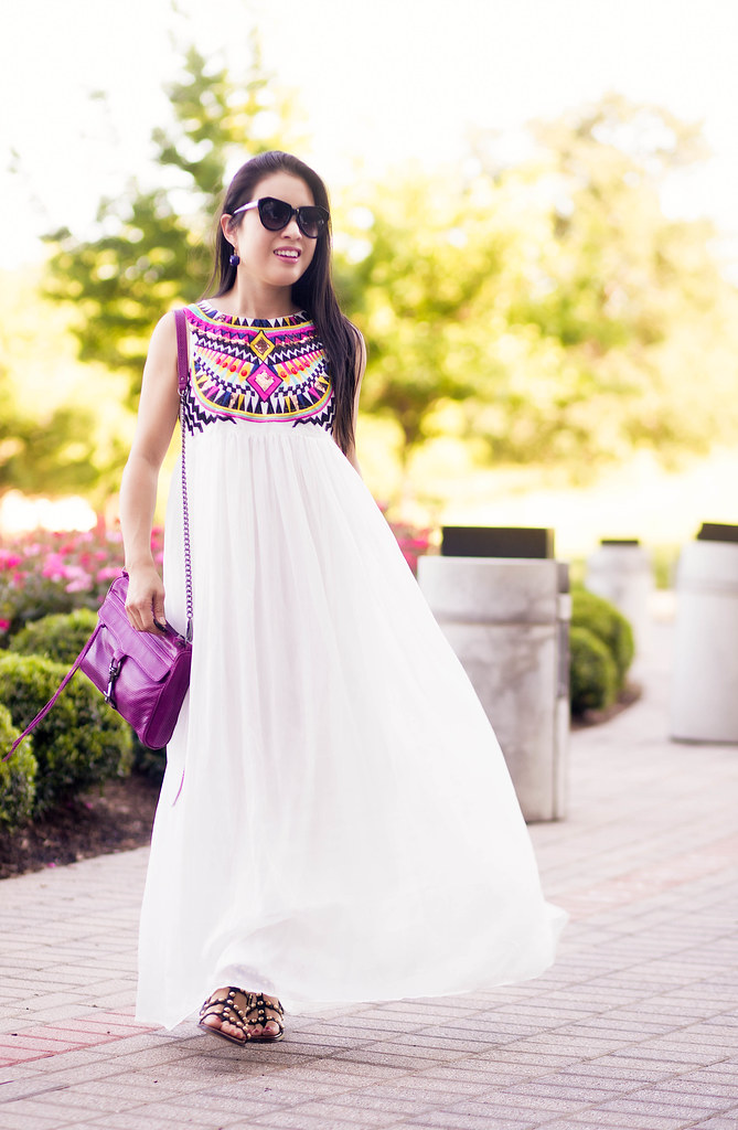 cute & little blog | petite fashion | sheinside white embroidered pleated chiffon maxi dress, studded gladiator sandals, rebecca minkoff mac clutch | spring summer outfit