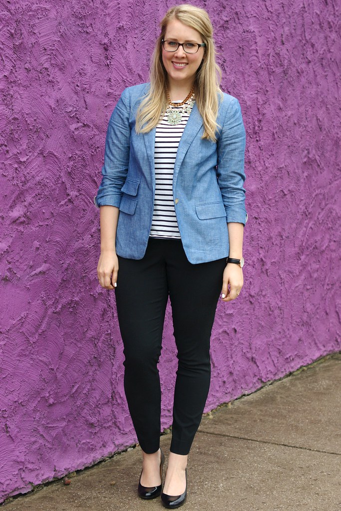 chambray blazer with a striped top for work