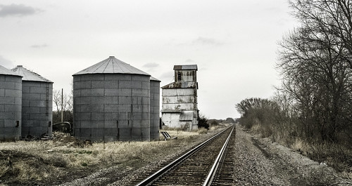 silos horizon corrugatedmetal railroadtracks vanishingpoint grass rust winter weathered cloudy sky baretrees fadedpaint