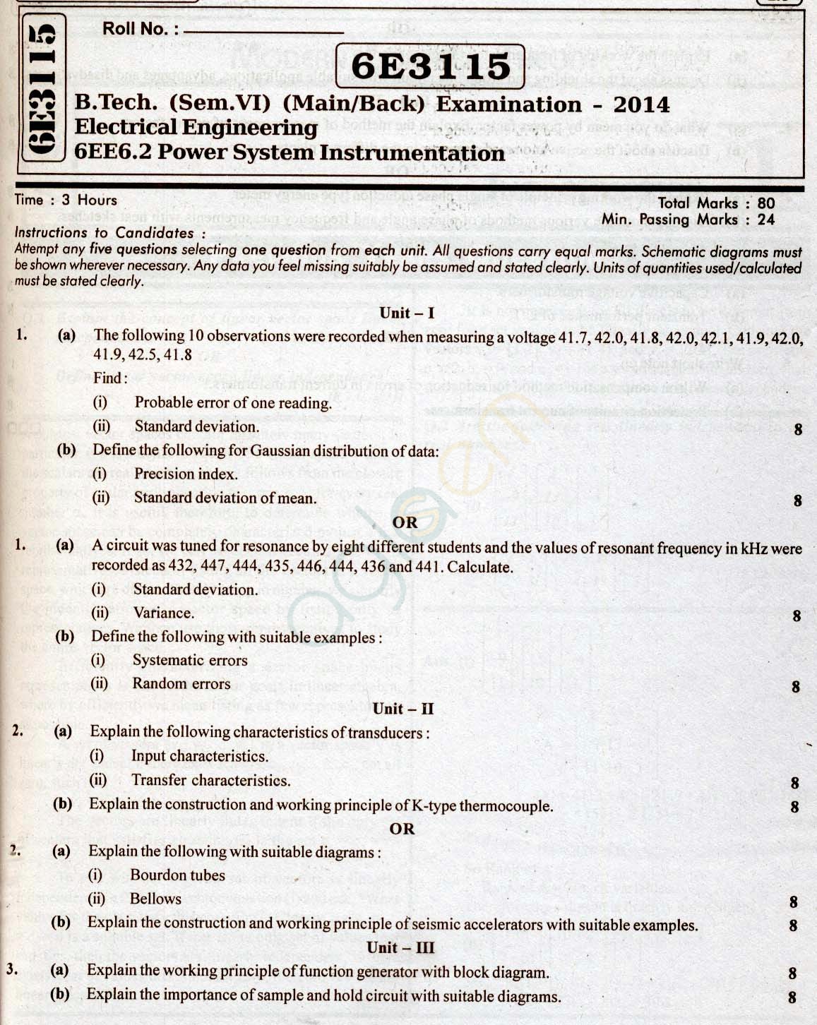 RTU: Question Papers 2014 - 6 Semester - EE - 6E3115