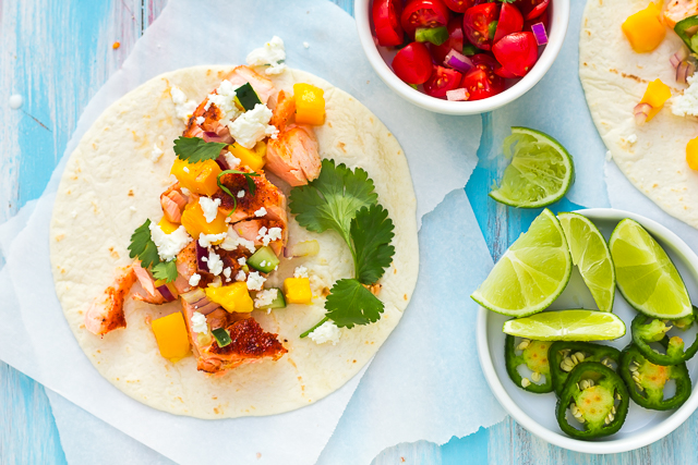 Sweet & Spicy Salmon Tacos with Mango-Cucumber Salsa