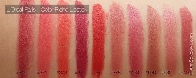03 L'Oreal Paris Color Riche Lipstick 30 years new shades 345, 371, 373, 376, 377, 378, 453, 630, 632, 640 swatches