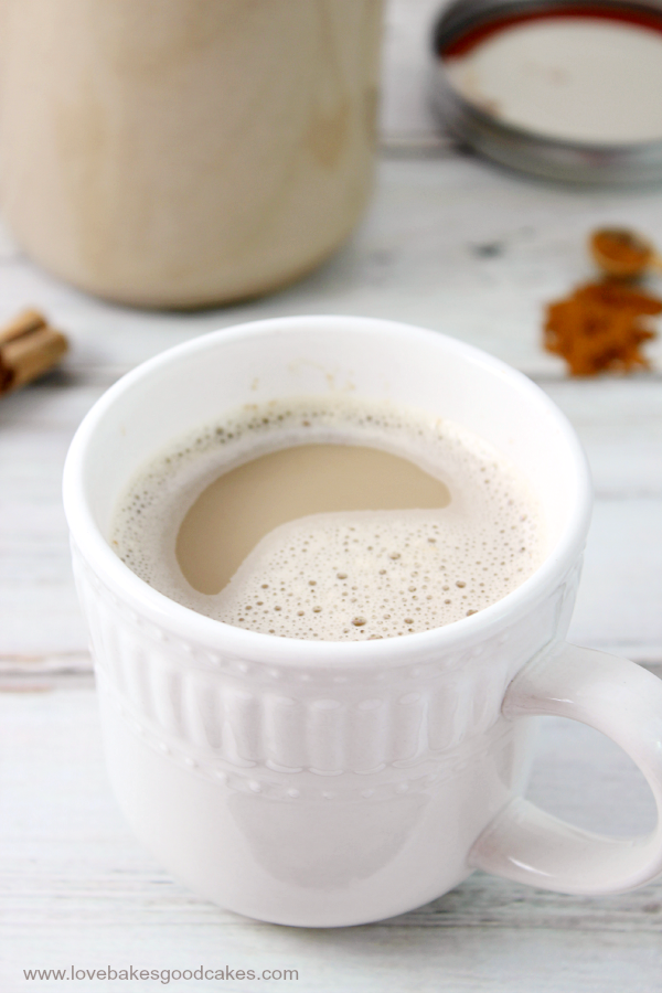 Homemade Cinnamon Streusel Coffee Creamer in a white cup.