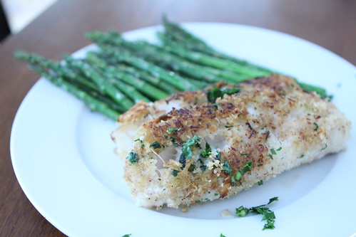 Passover Horseradish Panko Crusted Cod with Roasted Asparagus