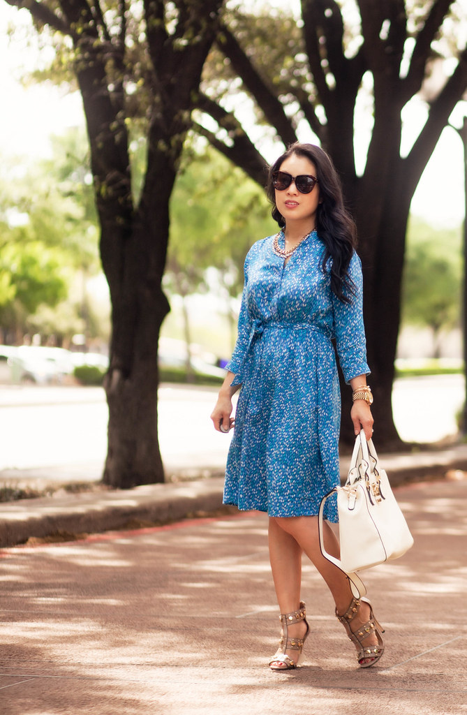 cute & little blog | eve of eden nursing leaf print shirt dress, shoedazzle azzurra studded sandal heels | spring outfit