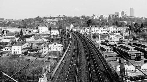 city white black monochrome train buildings europe cityscape sony capital tracks railway viaduct luxembourg a7r sel2470z