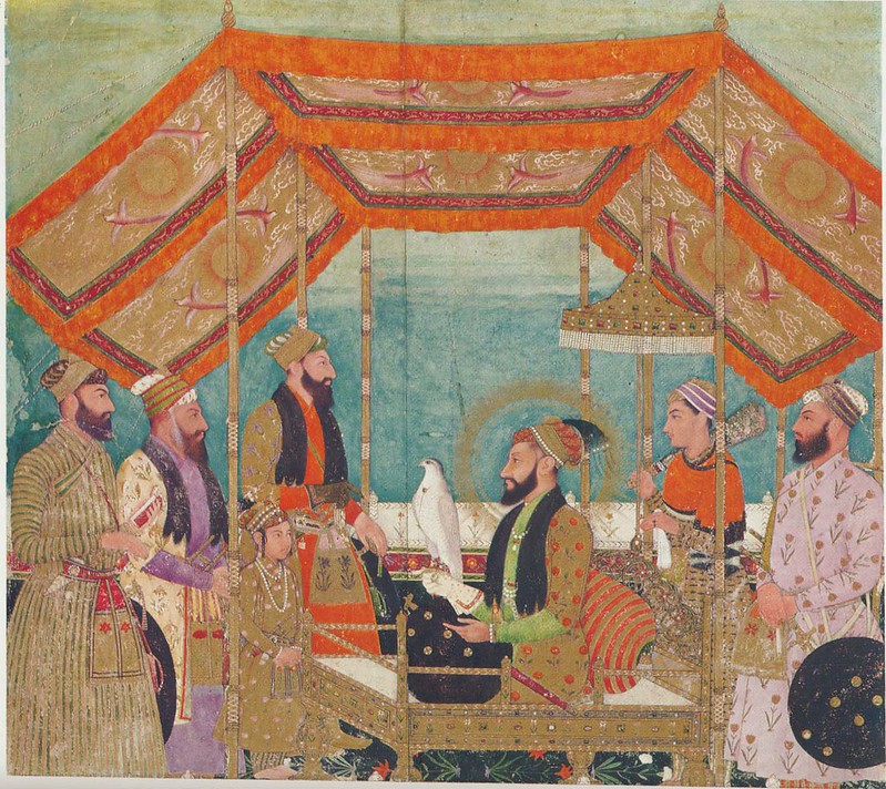 Aurangzeb seated on a golden throne holding a Hawk in the Durbar, by Bichitr