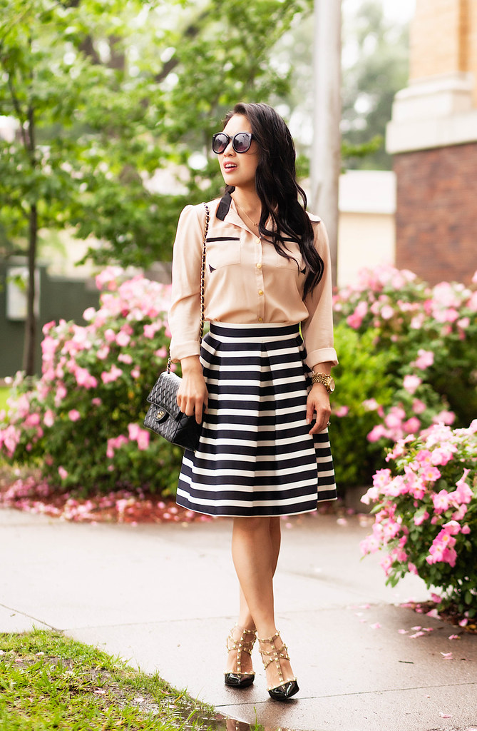cute & little blog | petite fashion | apricot contrast lapel blouse, navy striped pleated skirt, black studded pumps | spring outfit