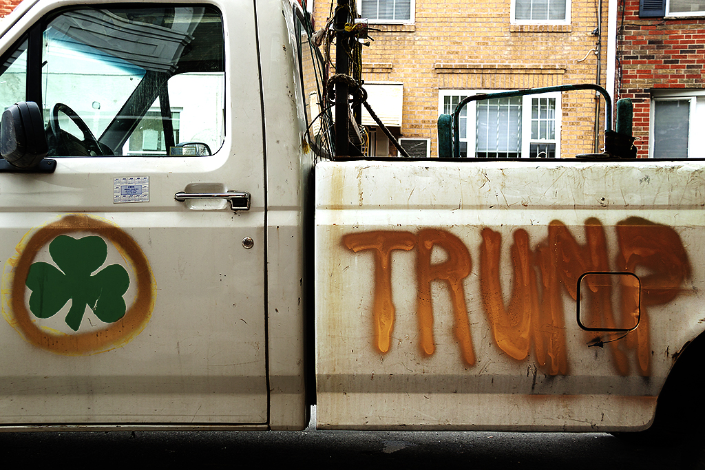 TRUMP in gold spray painted onto white pickup truck--Passyunk Square