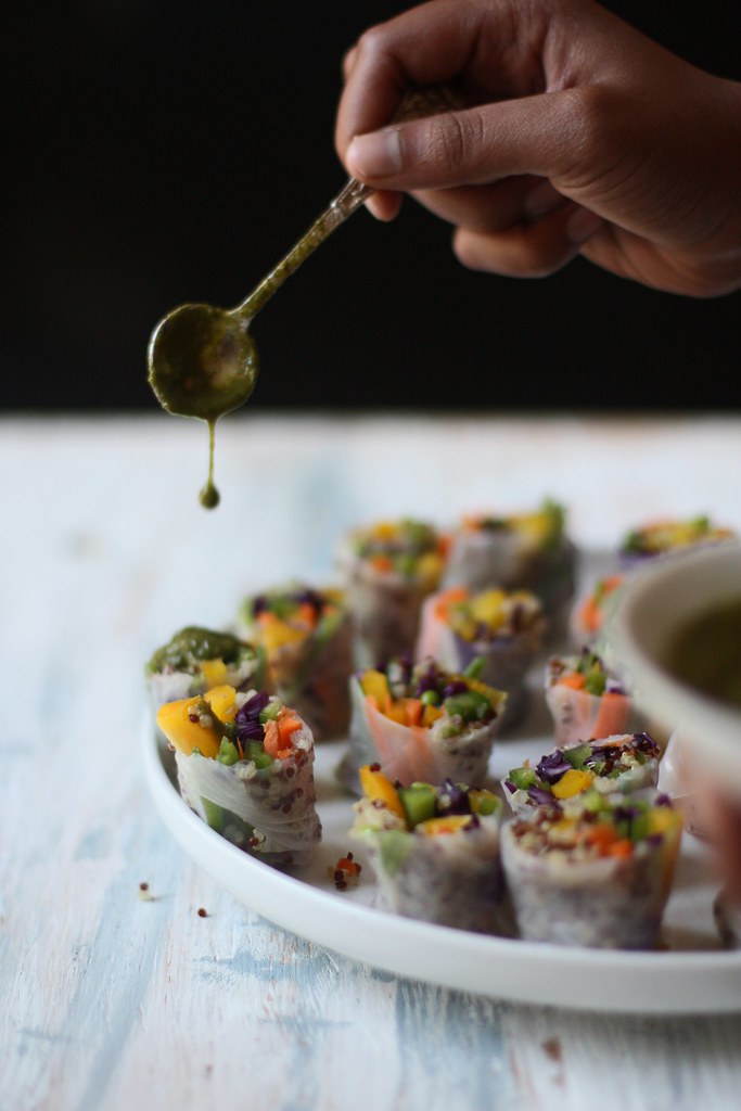 Vegetable-Quinoa Rolls with Sweet and Spicy Green Chutney
