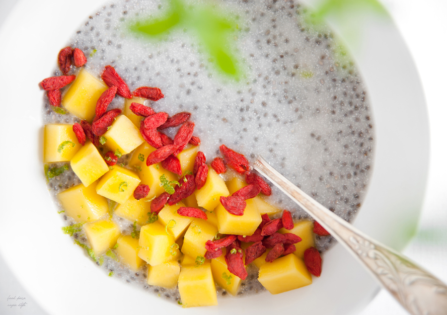 Chia pudding with young coconut meat and mango