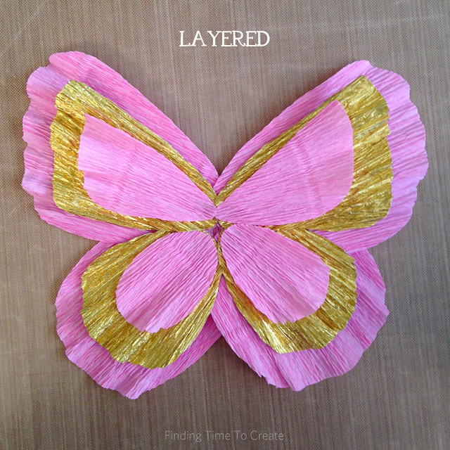 Hot glue butterfly crepe paper layers - layered