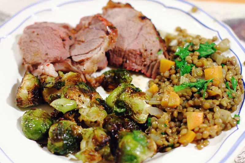 Sunday Dinner: Grilled Lamb, Lentil Salad, and Balsamic Roasted Brussels Sprouts