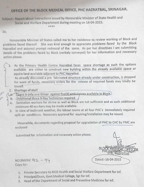 Copy of letter about demands which BMO asked for PHC in a metting with MOS Health and Social Welfare, Asiya Naqash​