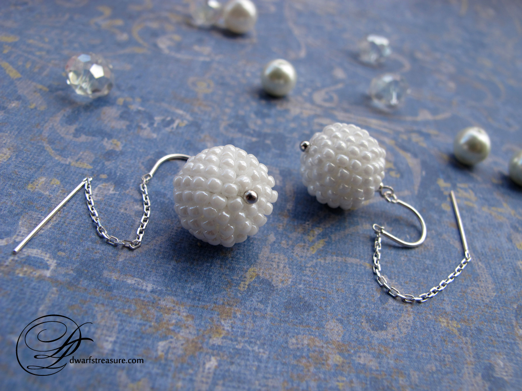 Fancy white sterling silver beaded bead earrings