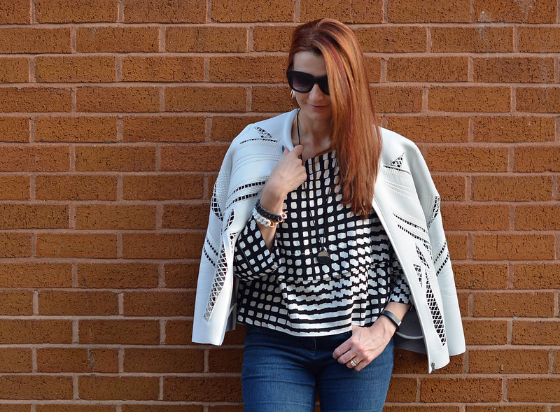 White cut out jacket, black and white boxy top