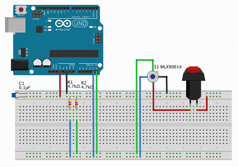 1 x MLX90614 sensors and an Arduino with NC switch