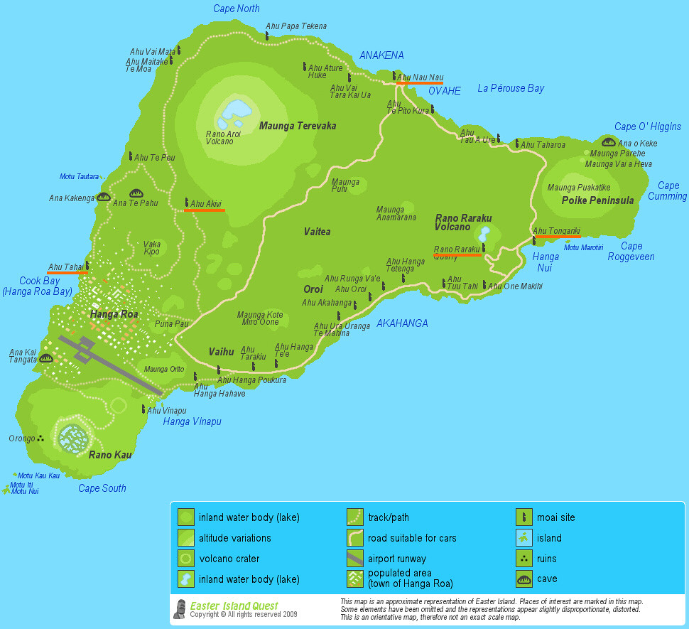 Mapa con los principales moais en Isla de Pascua