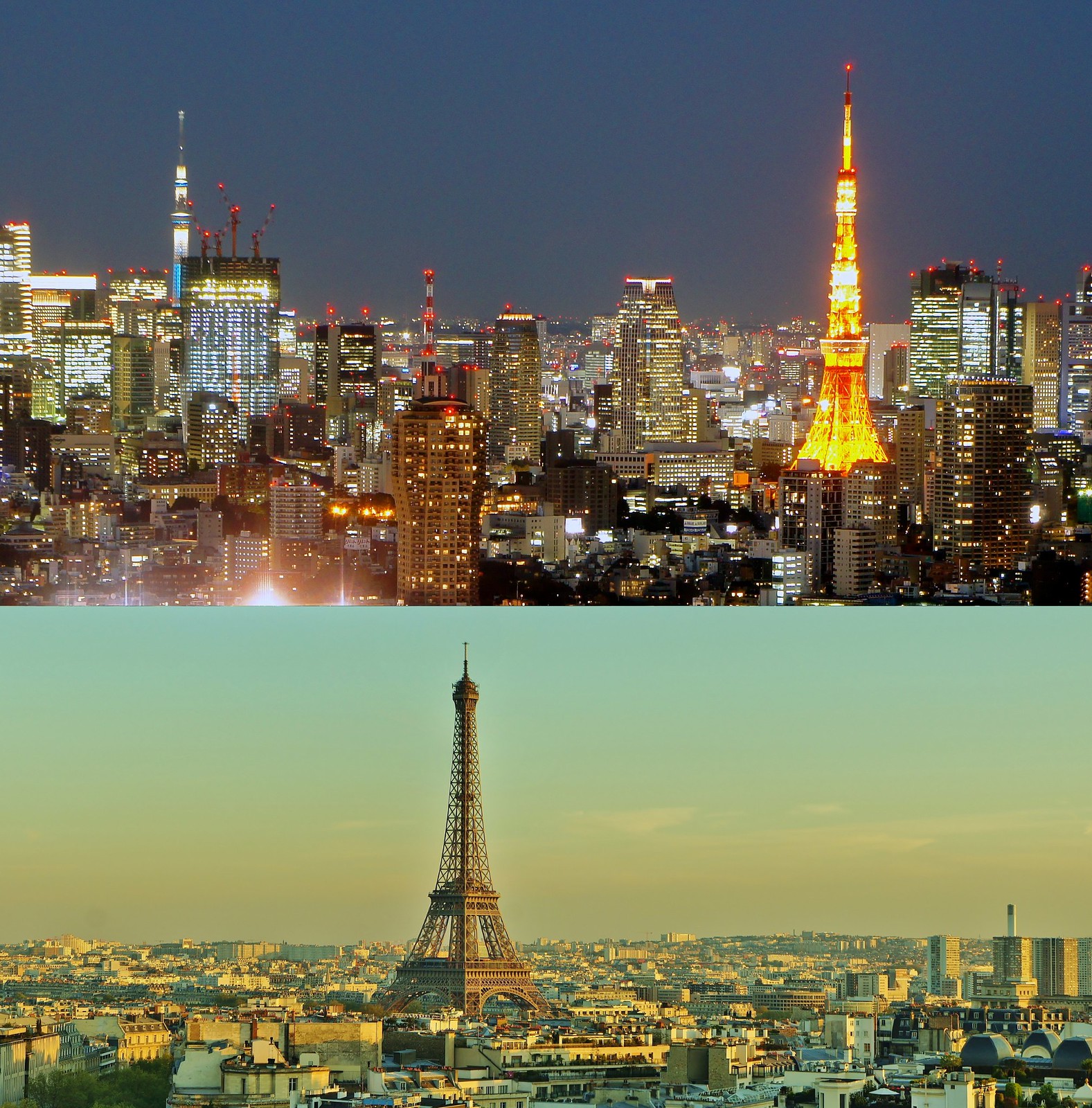 Cityscape panorama Tokyo Tower and Eiffel Tower