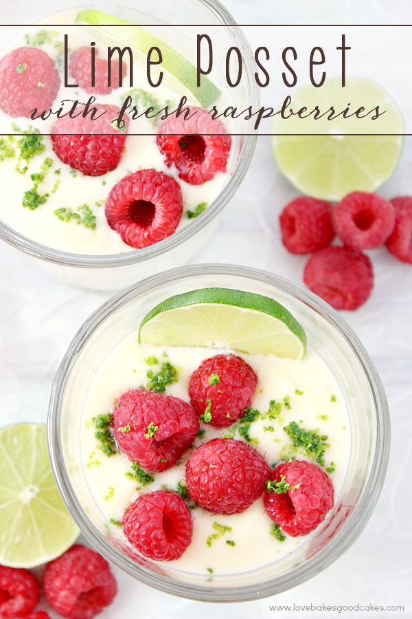 Lime Posset with Fresh Raspberries in a clear bowl with fresh raspberries.