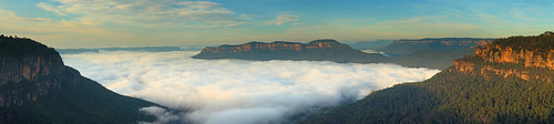 panorama fog clouds sunrise landscape bluemountains newsouthwales leura jamiesonvalley
