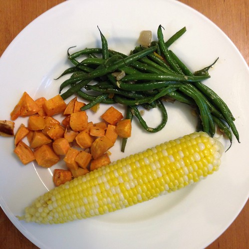 sweet potatoes, green beans, corn on the cob