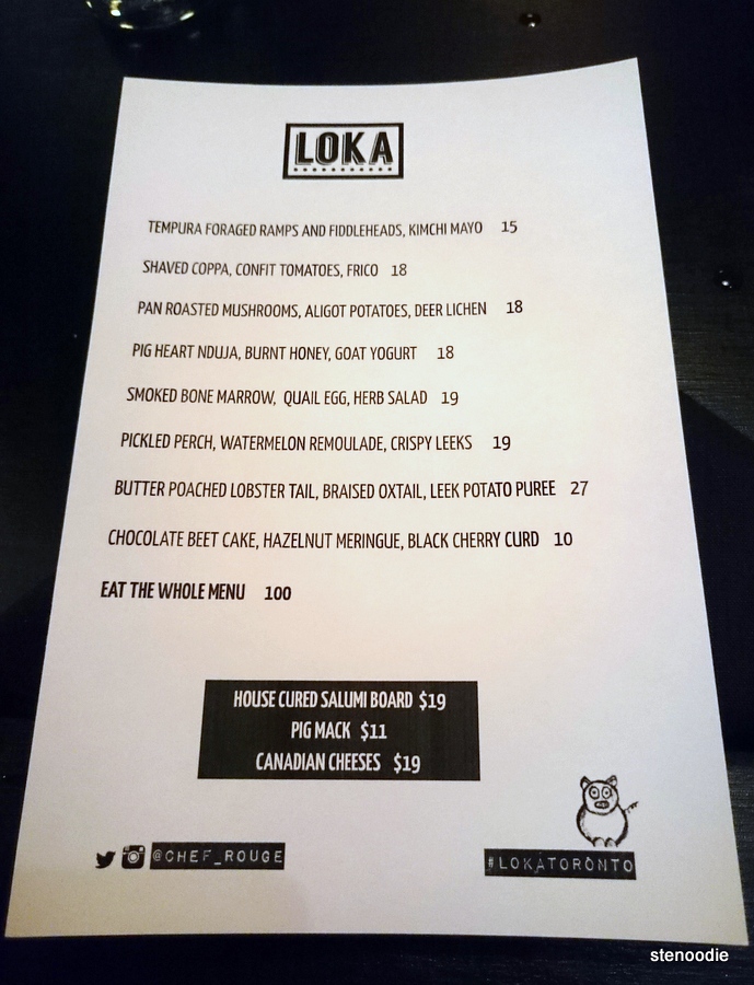 Loka dinner menu May 14, 2016