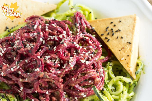 Zucchini Beet Noodles with Avocado Cream