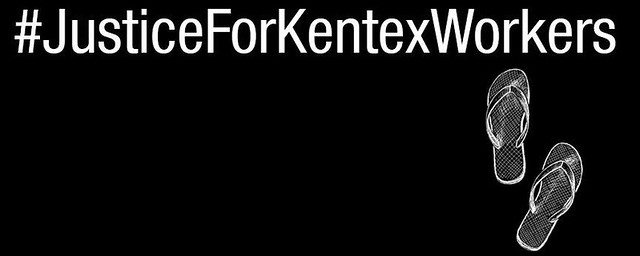 Black background with white letters spelling (hashtag) Justice For Kentex Workers with a picture of slippers
