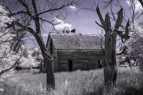 clouds grass deadtrees infrared weathered windmill brokenroof openwindows shadows hss abandonedhouse barewood fadedpaint
