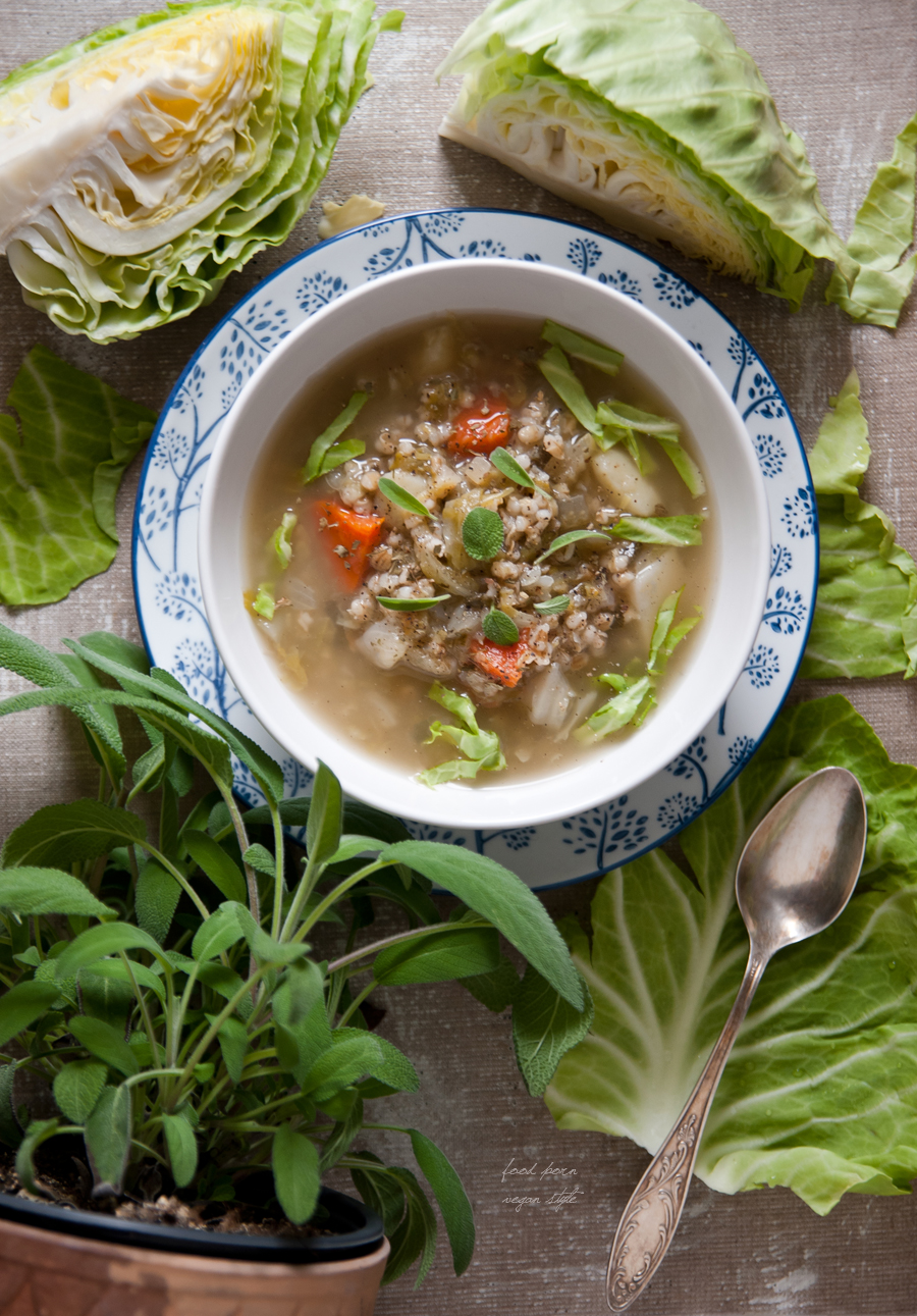 Young cabbage soup with pearl barley and sage
