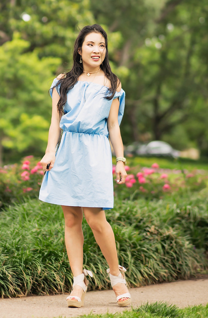 cute & little blog | petite fashion | chambray off-shoulder dress, espadrille wedges, chloe drew look for less, choker necklace | spring summer outfit