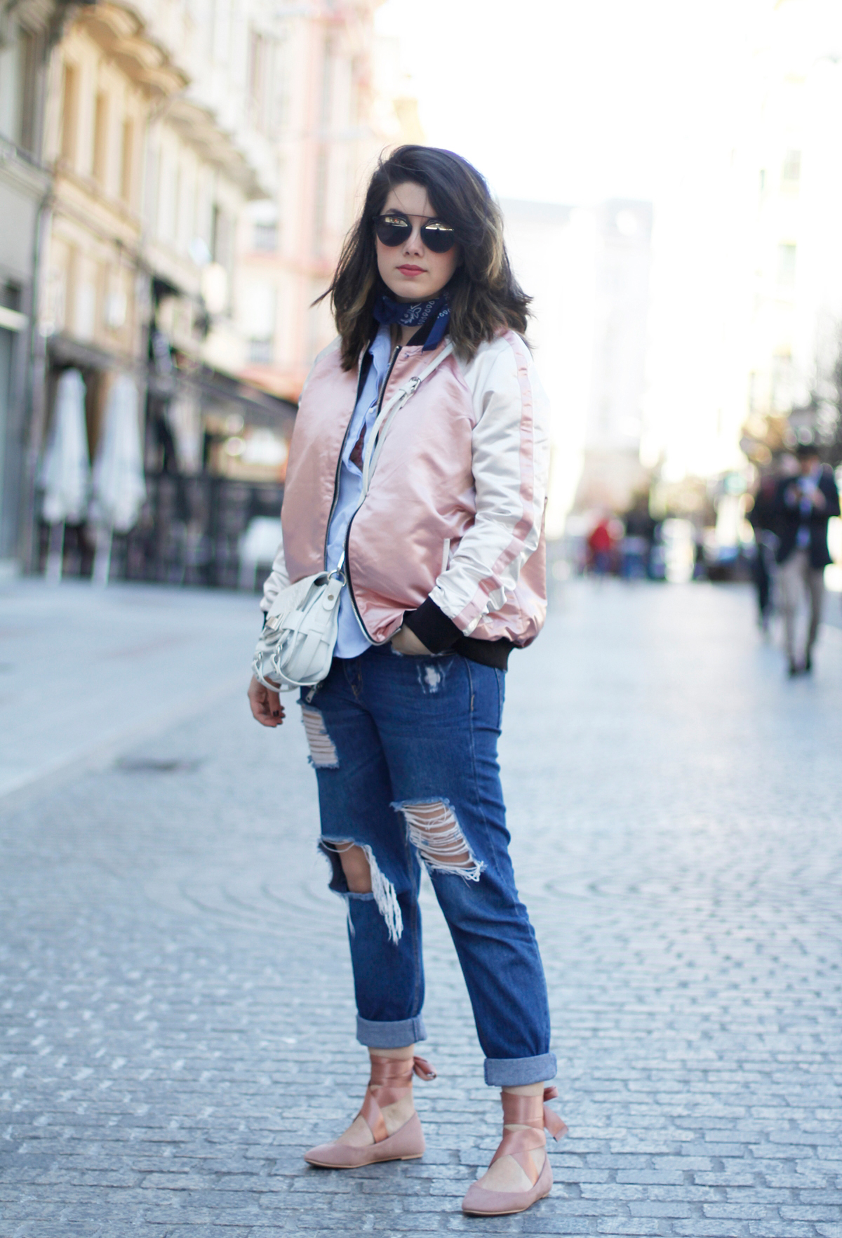 pink bomber with boyfriend jeans and ballet flats streetstyle asos myblueberrynightsblog