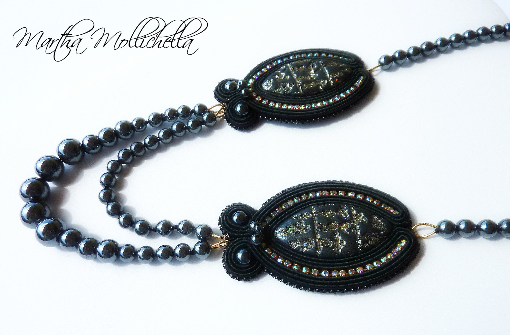 hematite pearls black necklace soutache handmade by Martha Mollichella